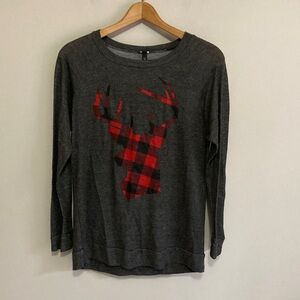 Lovely Souls Gray Long Sleeve Top with Red Buffalo Plaid Deer Design Size Medium